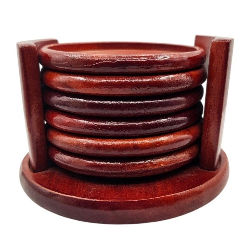 Kamenstein Wood Coaster Set of 6 with Holder Red Brown Concentric Ring Design